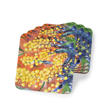 Load image into Gallery viewer, Corkwood underside, glossy finish on top. 1 or 4 pc sets. 9.5 x 9.5cm. Impressionistic painting of golden wattle flowers
