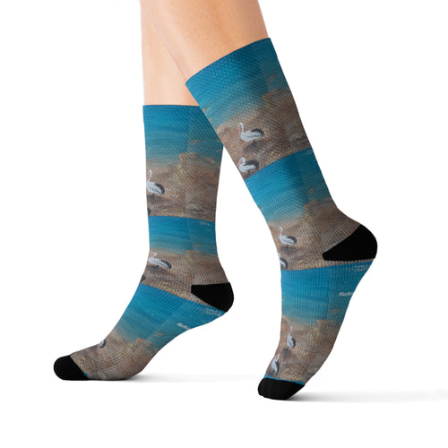 Step out in style with these funky socks! 3 sizes. Ribbed tube, cushioned bottoms, sublimated print by Kerry Sandhu Art