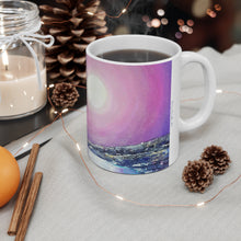 Load image into Gallery viewer, 11oz BPA, lead-free, microwave/dishwasher safe, white ceramic, vivid colours. Many original artworks by Kerry Sandhu Art
