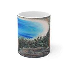 Load image into Gallery viewer, 11oz BPA, lead-free, microwave/dishwasher safe, white ceramic, vivid colours. Many original artworks by Kerry Sandhu Art

