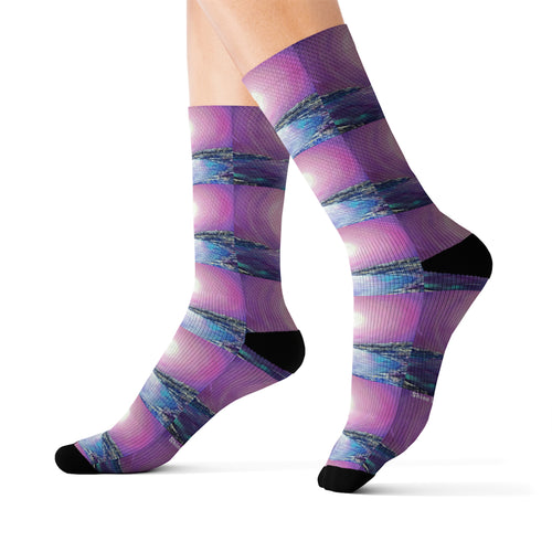 Step out in style with these funky socks! 3 sizes. Ribbed tube, cushioned bottoms, sublimated print by Kerry Sandhu Art