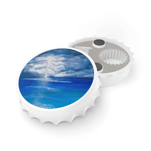 Plastic exterior w/ metallic bottom, magnetic back, 2 different opening mechanisms, matte finish. Art by Kerry Sandhu Art