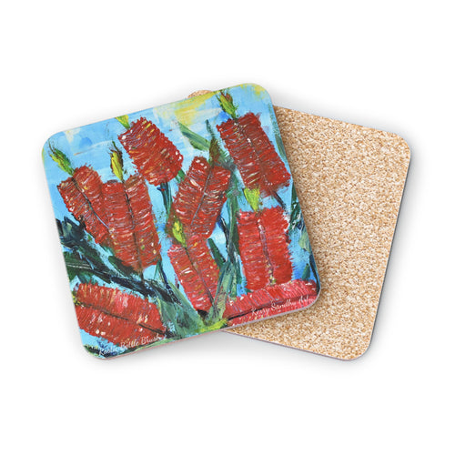 Corkwood underside, glossy finish on top. 1 or 4 pc sets. 9.5 x 9.5cm. Impressionistic painting of red bottle brush flowers