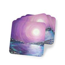 Load image into Gallery viewer, Corkwood underside, glossy finish on top. 1 or 4 pc sets. 9.5 x 9.5cm. Mystical landscape, seascape full moon &amp; reflections
