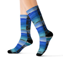 Load image into Gallery viewer, Step out in style with these funky socks! 3 sizes. Ribbed tube, cushioned bottoms, sublimated print by Kerry Sandhu Art
