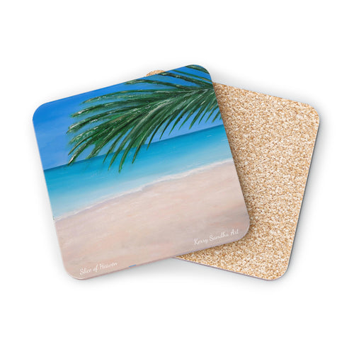 Corkwood underside, glossy finish on top. 1 or 4 pc sets. 9.5 x 9.5cm. Palm leaves and a tranquil turquoise beach
