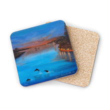 Load image into Gallery viewer, Corkwood underside, glossy finish on top. Comes in 1 or 4 pc sets. 9.5x9.5cm. Mandurah West Australia coastal sunset dolphins

