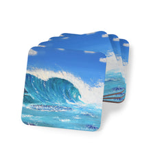 Load image into Gallery viewer, Corkwood underside, glossy finish on top. 1 or 4 pc sets. 9.5 x 9.5cm. Crashing wave over a reef. Surf wave, blue water
