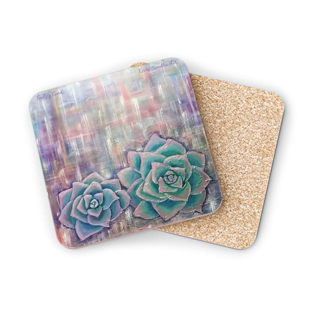 Corkwood underside, glossy finish on top. Available in 1 or 4 pc sets. 9.5x9.5cm. Succulent cactus on an abstract background