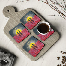 Load image into Gallery viewer, Corkwood underside, glossy finish on top. 1 or 4 pc sets. 9.5 x 9.5cm. First Nations man &amp; soldier, abstract aboriginal flag
