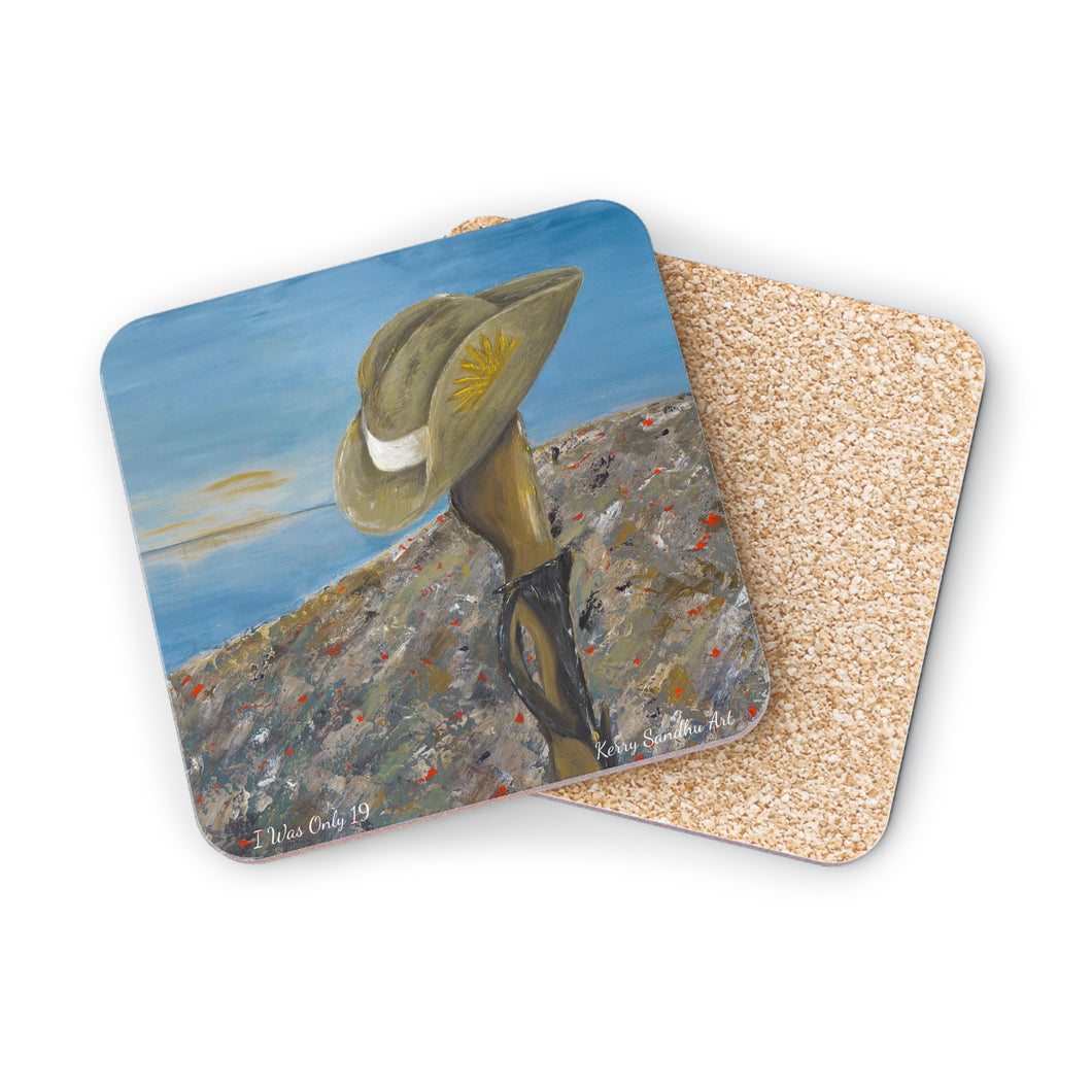 Corkwood underside, glossy finish on top. 1 or 4 pc sets. 9.5 x 9.5cm. ANZAC slouch hat sitting on a gun