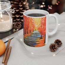 Load image into Gallery viewer, 11oz BPA, lead-free, microwave/dishwasher safe, white ceramic, vivid colours. Many original artworks by Kerry Sandhu Art
