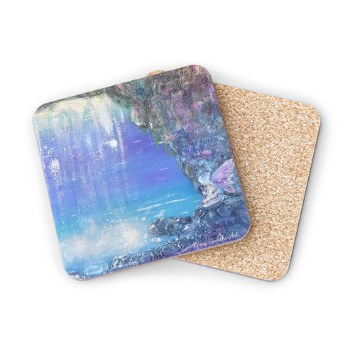 Corkwood underside, glossy finish on top. 1 or 4 pc sets. 9.5 x 9.5cm. Whimsical fairy playground behind a waterfall