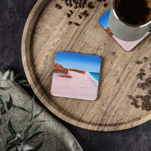 Load image into Gallery viewer, Corkwood underside, glossy finish on top. 1 or 4 pc sets. 9.5 x 9.5cm. Gantheaume Point, Broome Western Australia.
