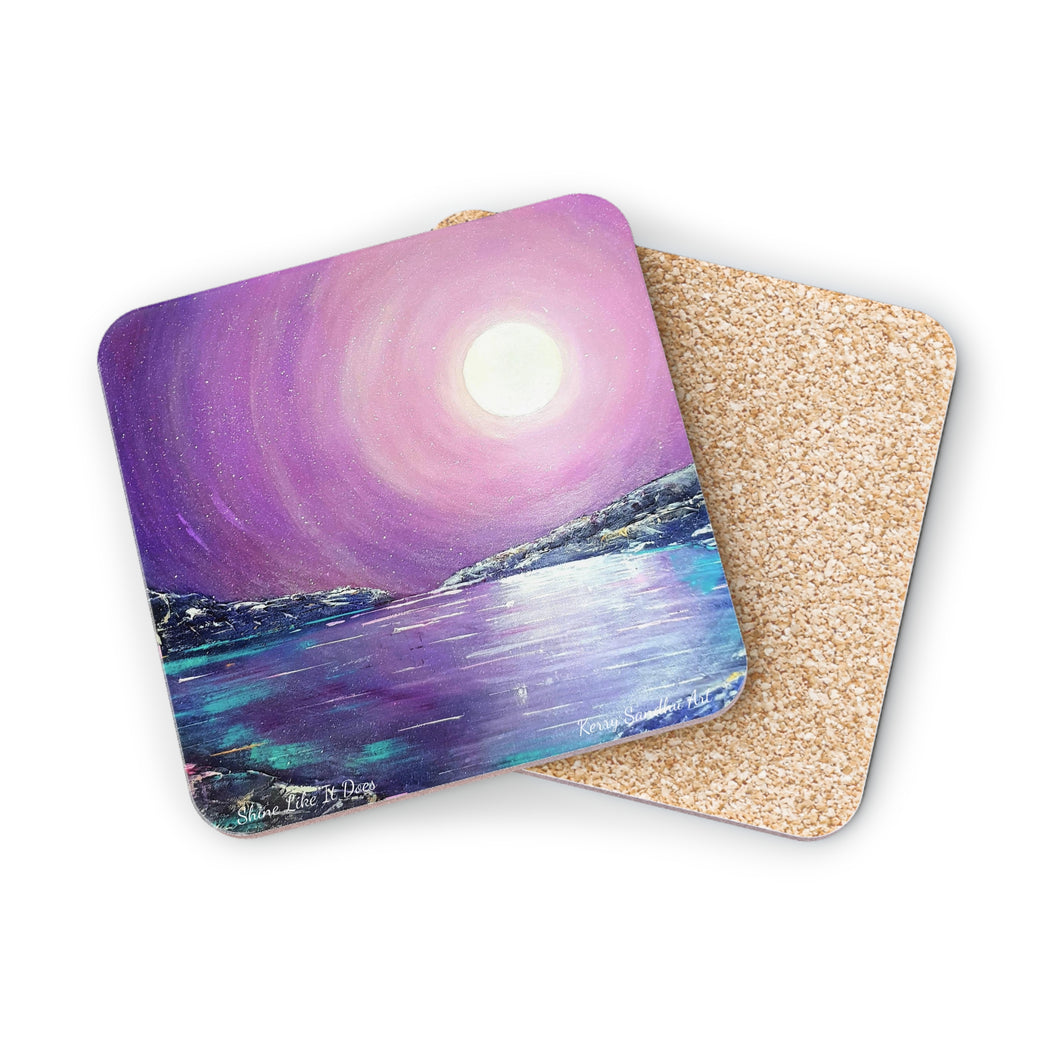 Corkwood underside, glossy finish on top. 1 or 4 pc sets. 9.5 x 9.5cm. Mystical landscape, seascape full moon & reflections