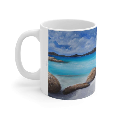 11oz BPA, lead-free, microwave/dishwasher safe, white ceramic, vivid colours. Many original artworks by Kerry Sandhu Art