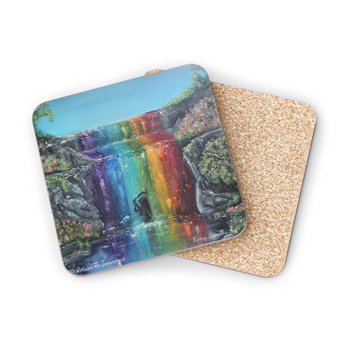 Corkwood underside, glossy finish on top. 1 or 4 pc sets. 9.5x9.5cm. Silhouette of a woman under a chakra-coloured waterfall