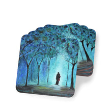 Load image into Gallery viewer, Corkwood underside, glossy finish on top. 1 or 4 pc sets. 9.5 x 9.5cm. Mystical &amp; spiritual couple in white light in a forest
