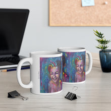 Load image into Gallery viewer, 11oz BPA, lead-free, microwave/dishwasher safe, white ceramic, vivid colours. Many original artworks by Kerry Sandhu Art
