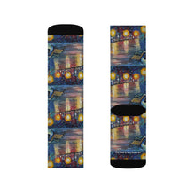 Load image into Gallery viewer, Step out in style with these funky socks! 3 sizes. Ribbed tube, cushioned bottoms, sublimated print by Kerry Sandhu Art

