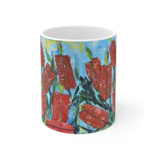 Load image into Gallery viewer, 11oz BPA, lead-free, microwave/dishwasher safe, white ceramic, vivid colours. Many original artworks by Kerry Sandhu Art
