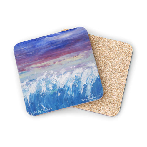 Corkwood underside, glossy finish on top. 1 or 4 pc sets. 9.5 x 9.5cm. Abstract ocean waves and sunset