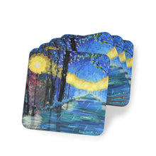 Load image into Gallery viewer, Corkwood underside, glossy finish on top. Individual or set of 4. 9.5x9.5cm. Many designs available by Kerry Sandhu Art
