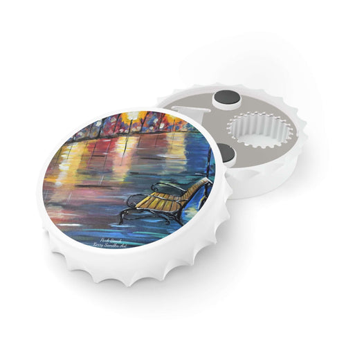 Plastic exterior w/ metallic bottom, magnetic back, 2 different opening mechanisms, matte finish. Art by Kerry Sandhu Art