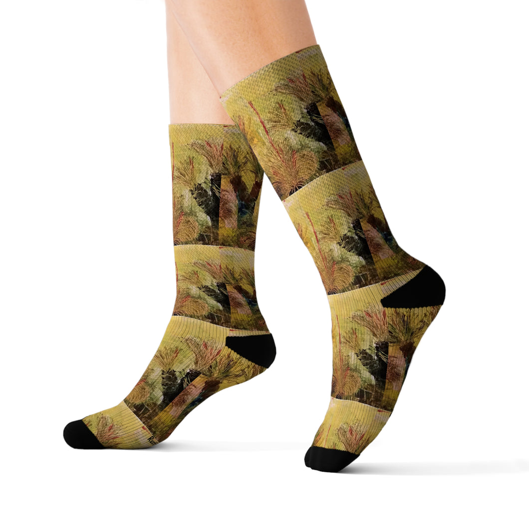 Step out in style with these funky socks! 3 sizes. Ribbed tube, cushioned bottoms, sublimated print by Kerry Sandhu Art