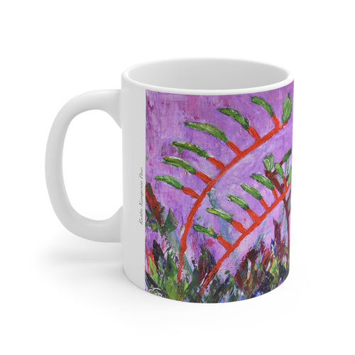 11oz BPA, lead-free, microwave/dishwasher safe, white ceramic, vivid colours. Many original artworks by Kerry Sandhu Art
