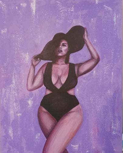 Confident curvy woman in black swimsuit holding a large hat on a blank card
