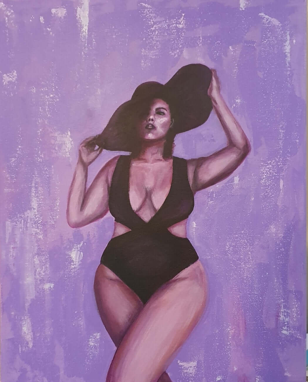 Confident curvy woman in black swimsuit holding a large hat on a blank card