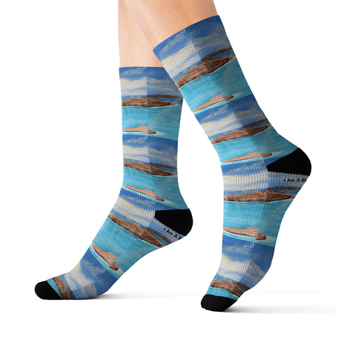 Step out in style with these funky socks! 3 sizes. Ribbed tube, cushioned bottoms, sublimated print by Kerry Sandhu Art