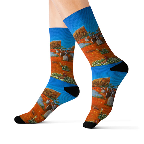 Step out in style with these funky socks! 3 sizes. Ribbed tube, cushioned bottoms, sublimated print by Kerry Sandhu Art