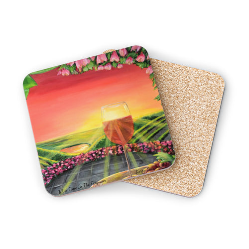 Corkwood underside, glossy finish on top. 1 or 4 pc sets. 9.5x9.5cm. Wine glass, grapes, vineyard, flowers, sunset, sunrays