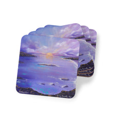Load image into Gallery viewer, Corkwood underside, glossy finish on top. 1 or 4 pc sets. 9.5 x 9.5cm. Coastal sunset of beautiful purple hues and sunrays
