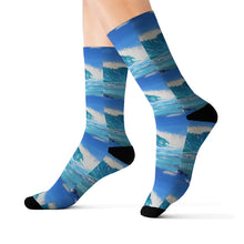 Load image into Gallery viewer, Step out in style with these funky socks! 3 sizes. Ribbed tube, cushioned bottoms, sublimated print by Kerry Sandhu Art

