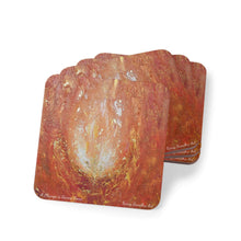 Load image into Gallery viewer, Corkwood underside, glossy finish on top. Available in 1 or 4 pc sets. 9.5 x 9.5cm. Abstract orange, yellow &amp; gold flame
