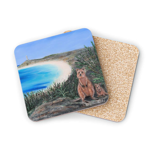 Corkwood underside, glossy finish on top. 1 or 4 pc sets. 9.5 x 9.5cm. Iconic quokkas on Rottnest Island Western Australia