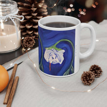 Load image into Gallery viewer, 11oz BPA, lead-free, microwave/dishwasher safe, white ceramic, vivid colours. Many original artworks by Kerry Sandhu Art
