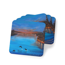 Load image into Gallery viewer, Corkwood underside, glossy finish on top. Comes in 1 or 4 pc sets. 9.5x9.5cm. Mandurah West Australia coastal sunset dolphins
