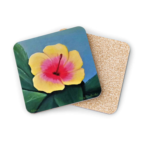 Corkwood underside, glossy finish on top. 1 or 4 pc sets. 9.5 x 9.5cm. Yellow & pink hibiscus on greenery