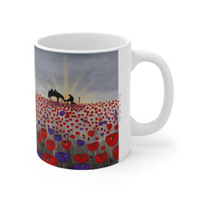 Load image into Gallery viewer, 11oz BPA, lead-free, microwave/dishwasher safe, white ceramic, vivid colours. Many original artworks by Kerry Sandhu Art
