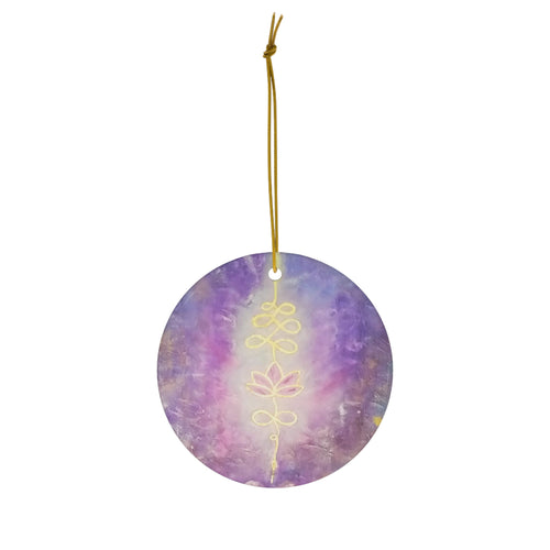 Original artwork front, description on back. Thick high-quality porcelain. 7cm diameter. Comes w/ ribbon by Kerry Sandhu Art