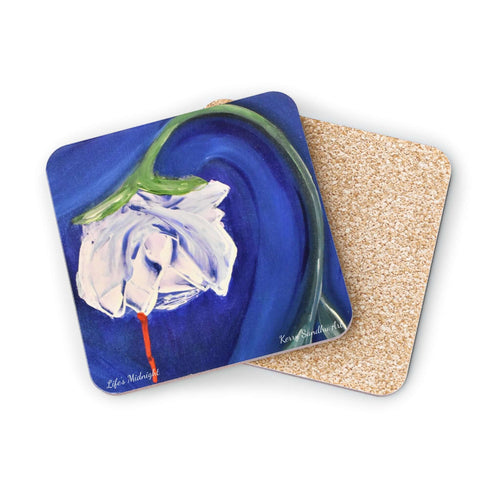 Corkwood underside, glossy finish on top. 1 or 4 pc sets. 9.5 x 9.5cm. Single white rose for innocence with a blood drip