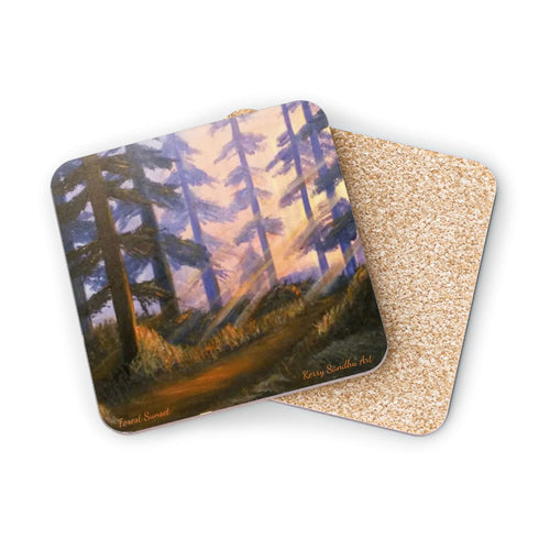 Corkwood underside, glossy finish on top. 1 or 4 pc sets. 9.5 x 9.5cm. Sunset scene in a pine forest, Sun rays & colours