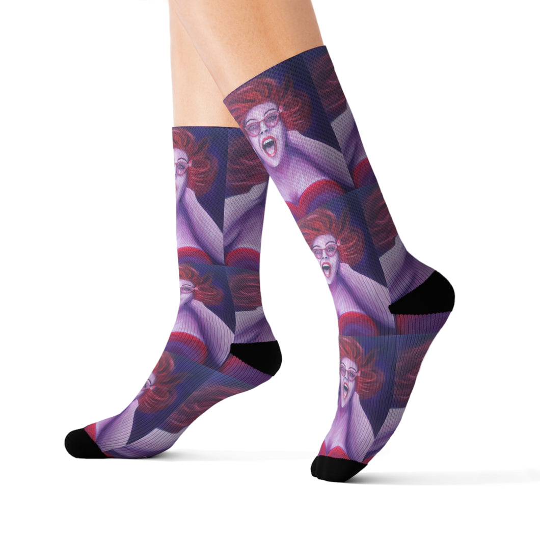 Step out in style with these funky socks! 3 sizes. Ribbed tube, cushioned bottoms, sublimated print by Kerry Sandhu Art