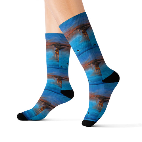 Step out in style with these funky socks! 3 sizes. Ribbed tube, cushioned bottoms, sublimated print by Kerry Sandhu Art
