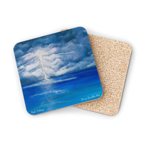 Corkwood underside, glossy finish on top. 1 or 4 pc sets. 9.5 x 9.5cm. Stormy sky with lightning crashing over a calm sea