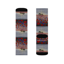 Load image into Gallery viewer, Step out in style with these funky socks! 3 sizes. Ribbed tube, cushioned bottoms, sublimated print by Kerry Sandhu Art
